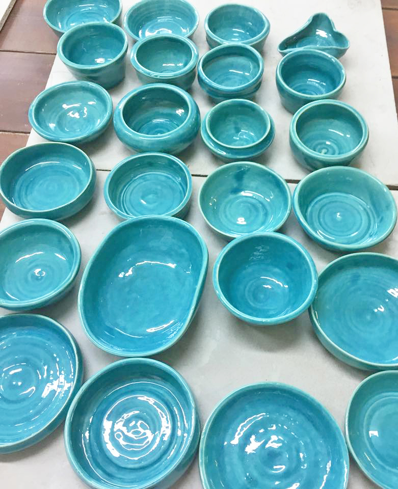 Collection of blue ceramic bowls